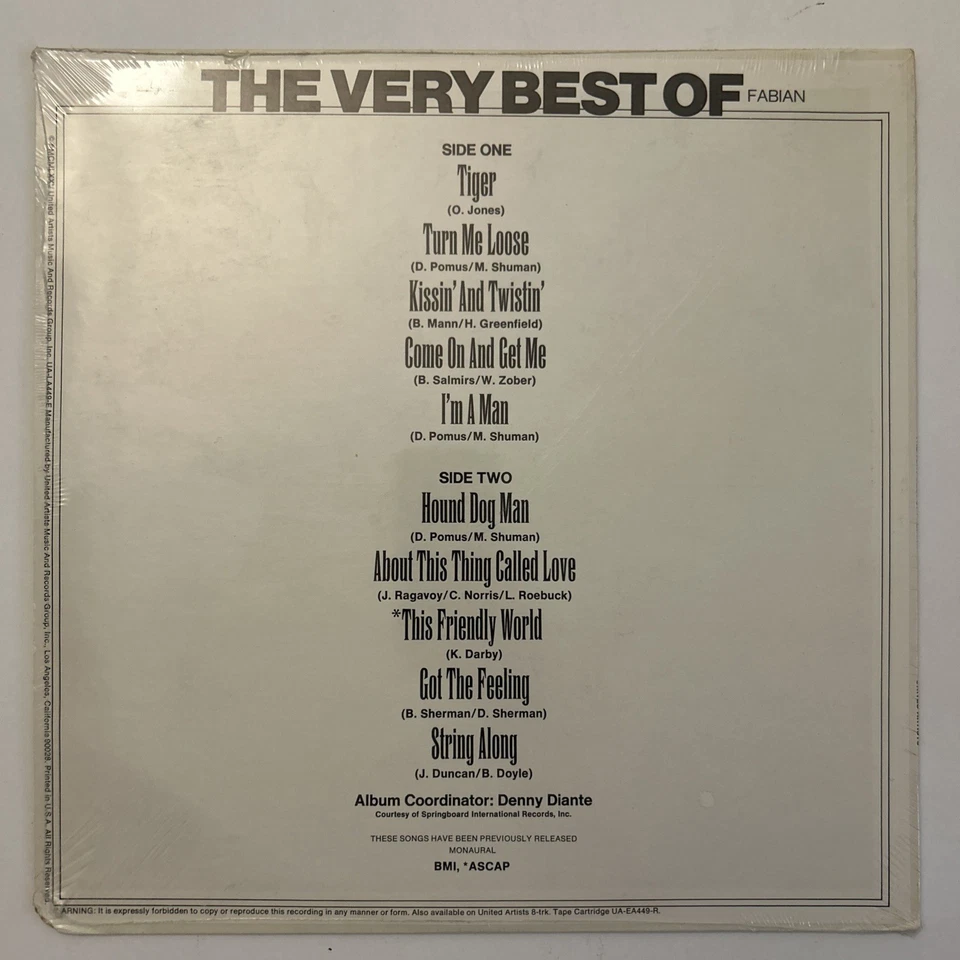 Fabian - The Very Best Of Fabian - Vinyl LP (NEW & Sealed) UA-LA449-E Record - Image 2 of 2