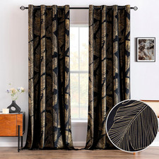 Black Velvet Blackout Curtains 84 Inch 2 Panels Gold Leaf Grommet Drapes