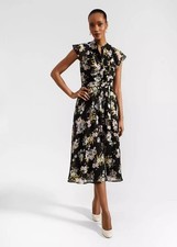 HOBBS Erica Floral Midi Dress Black Multi Belted Chiffon BNWT UK 6 Wedding Guest