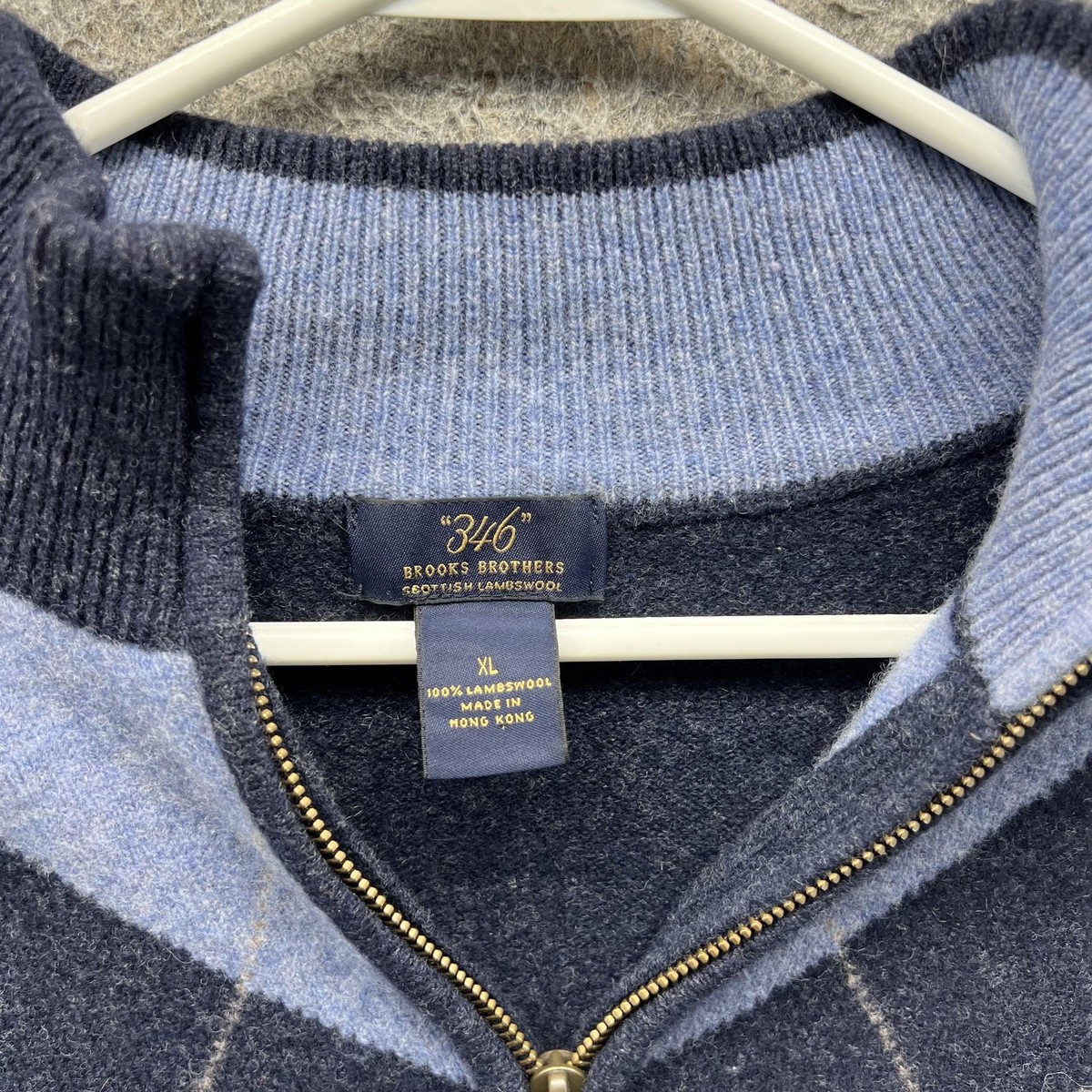 Brooks Brothers 346 Sweater Mens XL Blue Wool Argyle 1/4 Zip Mock
