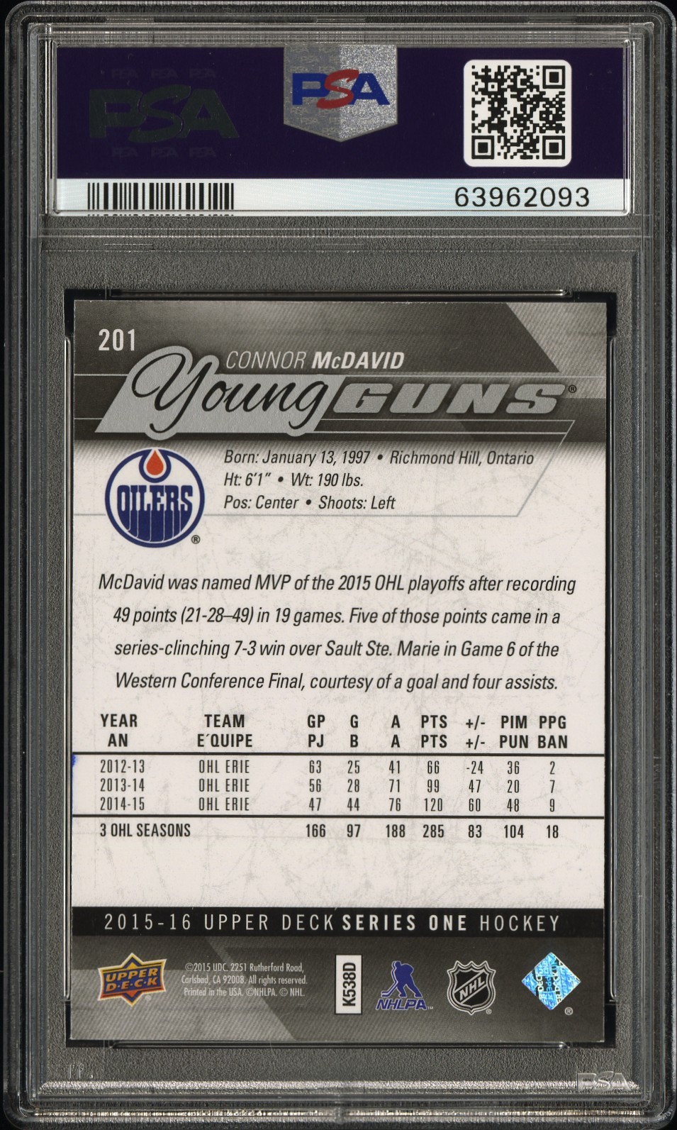 2015-16 Upper Deck Young Guns Connor McDavid Oilers Rookie card PSA 8 Auto #201  view 2