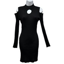 Say What? Ribbed Bodycon Dress Women's JR Large Black Long Sleeve Open Shoulder