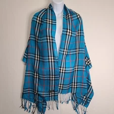 Pashmina Large Blue Plaid Lightweight Shawl Tassels Wool/Silk (app. 28"x72")