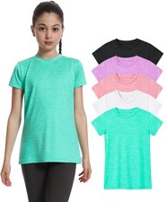 5 Pack Girls Athletic Shirts Solid Color Summer Quick Dry Short Sleeve Sports...