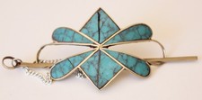 Vintage Turquoise Inlayed Silver Stamped Mexico Hair Barrette Clip Brooche