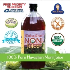100% HAWAIIAN WAILUA RIVER NONI JUICE Certified Organic: One Glass Bottle 32 oz.