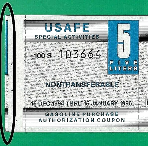 USAFE gas coupons (2)1994 5 liters AIR FORCE scrip GEM cutting ERORR - Picture 2 of 4