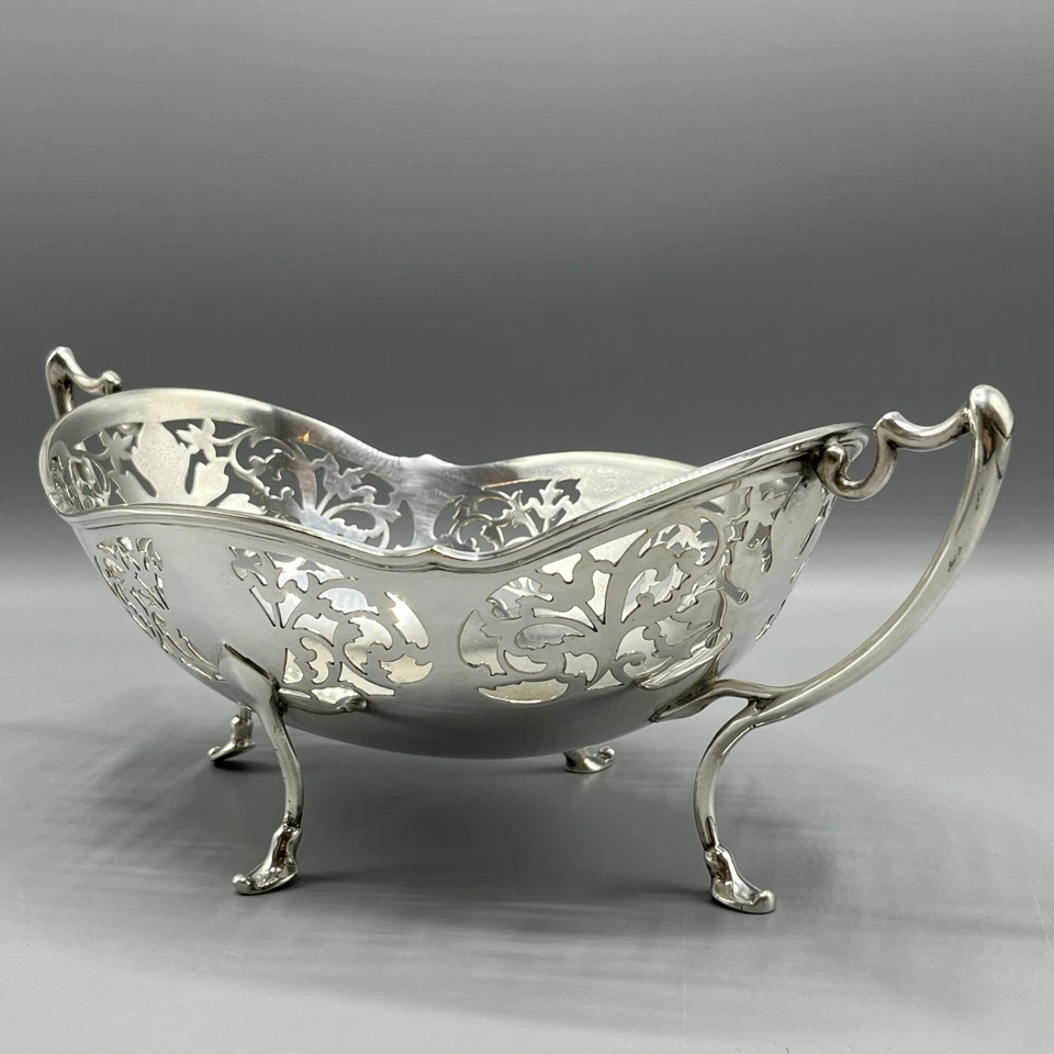 Antiguo Art Nouveau Plateado Pan Fruta Cesta Plato Tazón Pies Doble Asas Foto 4 de 4
