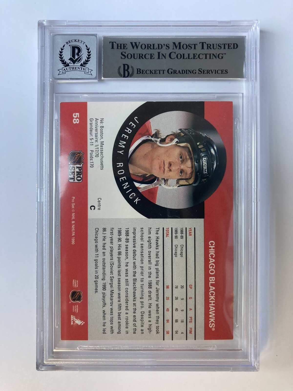 JEREMY ROENICK SIGNED 1990-91 PRO SET ROOKIE CARD BAS AUTOGRAPH GRADE 10 - Picture 2 of 2