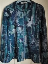 Blouse Top Green Blue Print Medium Long Sensia Zip up Womans Pit to Pit 20"