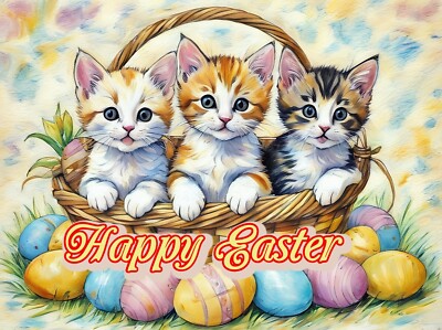 Kätzchen Osterkarte Gruß Kunst Eier Frühling A5 Karten Kätzchen Katze Katzen Korb