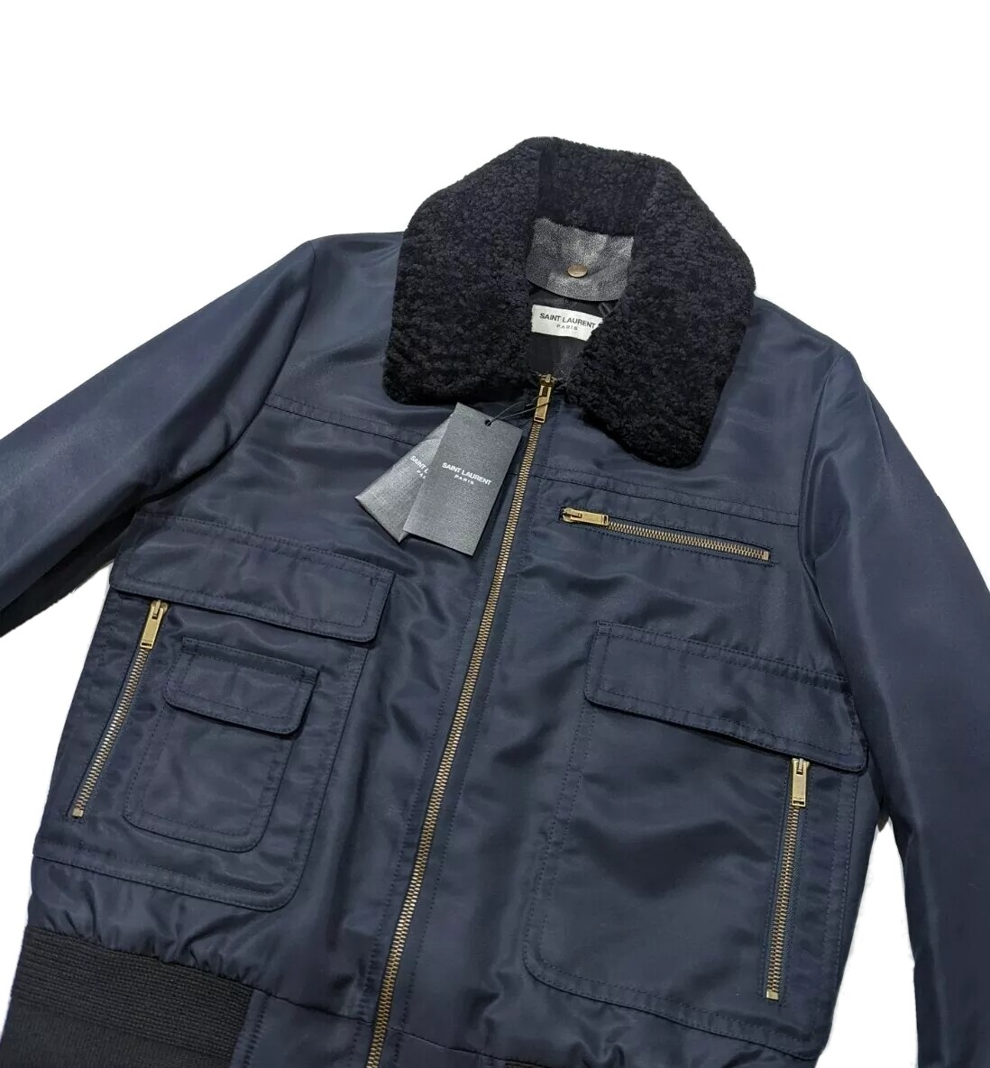 Giacca bomber aviatore Saint Laurent con colletto in vero shearling nuova con etichette UK 36 RRP £2175