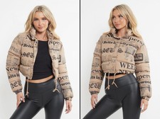 Newspaper Print Cropped Puffer Jacket