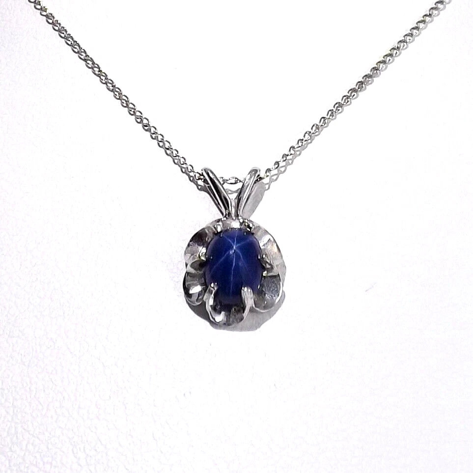 14k White Gold Blue Star Sapphire Flower Pendant Necklace New 16in