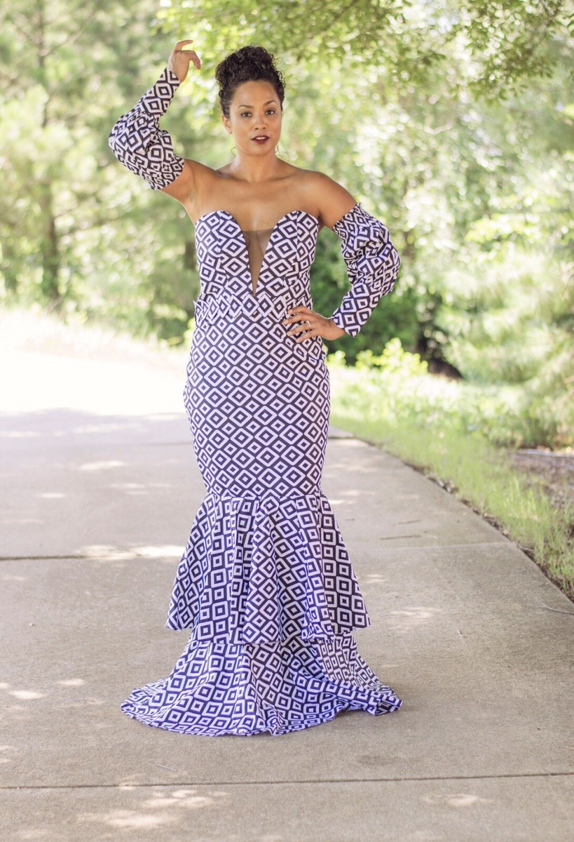 layered ankara dress Black and White African Print Ruffle Handmade Maxi off-shoulder floral evening dress
