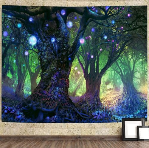Fantasy Forest Green Tree Tapestry, 79"x 59" Large Psychedelic Wall + Clips Pins - Afbeelding 1 van 13