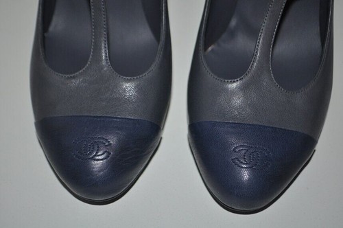 CHANEL Gray Leather Cap Toe Mary Jane TStrap Metal Heel Pumps Shoes Sz39.5 $1095 - Picture 16 of 19
