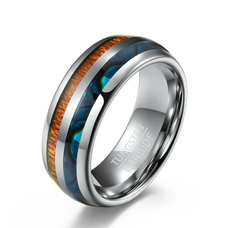 Anillo de patrón de madera para hombre concha/banda de ópalo azul color carburo de tungsteno talla 7-12 Foto 2 de 4