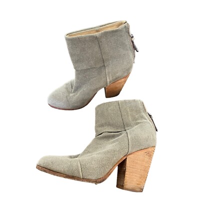 Rag & Bone Booties 7.5 Khaki Canvas Back Zip Wooden Heels Boho Coastal Cowgirl