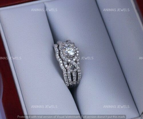 925 Sterling Silver 2ct Round Cut Moissanite Twisted Wedding Engagement Ring Set - Bild 2 von 3