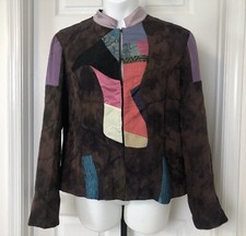 Chico's Artsy Jacket Womens 3 Brown Mandarin Style Patchwork Applique Festival