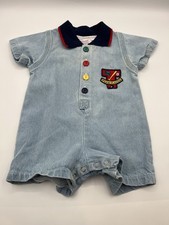 Y2K 90s Vintage Small Steps Baby Denim Jean Romper 6-9M Team Player Sports Patch