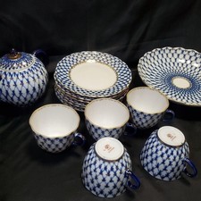 Imperial Porcelain Lomonosov Cobalt Net Vintage Tea Set 5 Cups 6 Saucers Deep Bo