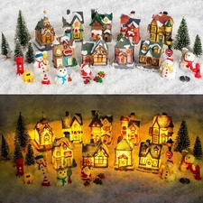 30 Pcs Christmas Village Sets Light up Christmas Town LED Tiny Resin Village Fig