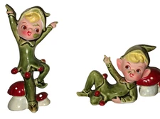 MCM LOT 2 Vintage Lefton 4193 Pixie Elf Mushrooms Japan Ceramic