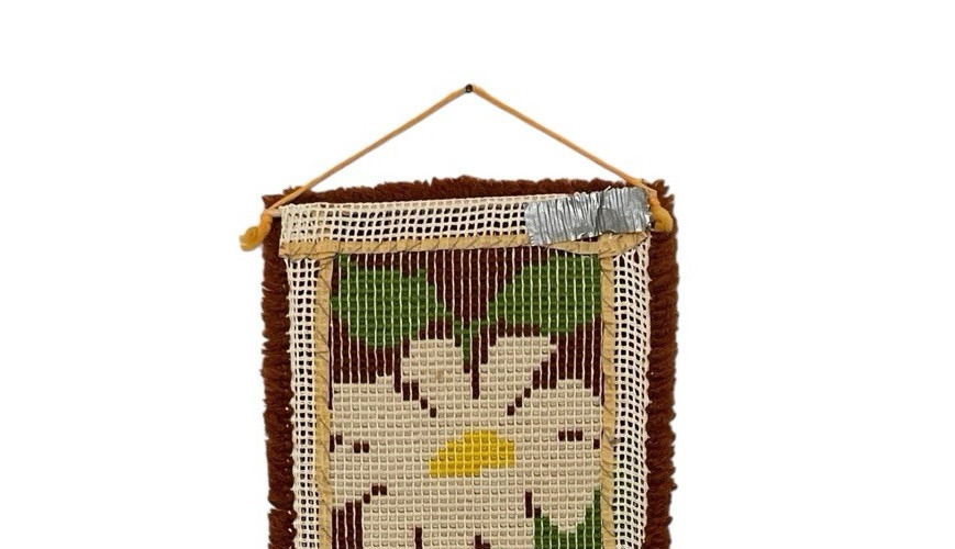 Groovy 70s Floral Latch Hook Rug Wallhanging Flower Power 12x47 in.