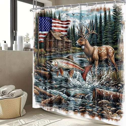 Rustic Cabin Shower Curtain Country Fish Hunting Shower Curtain Set, Vintage - Picture 5 of 7