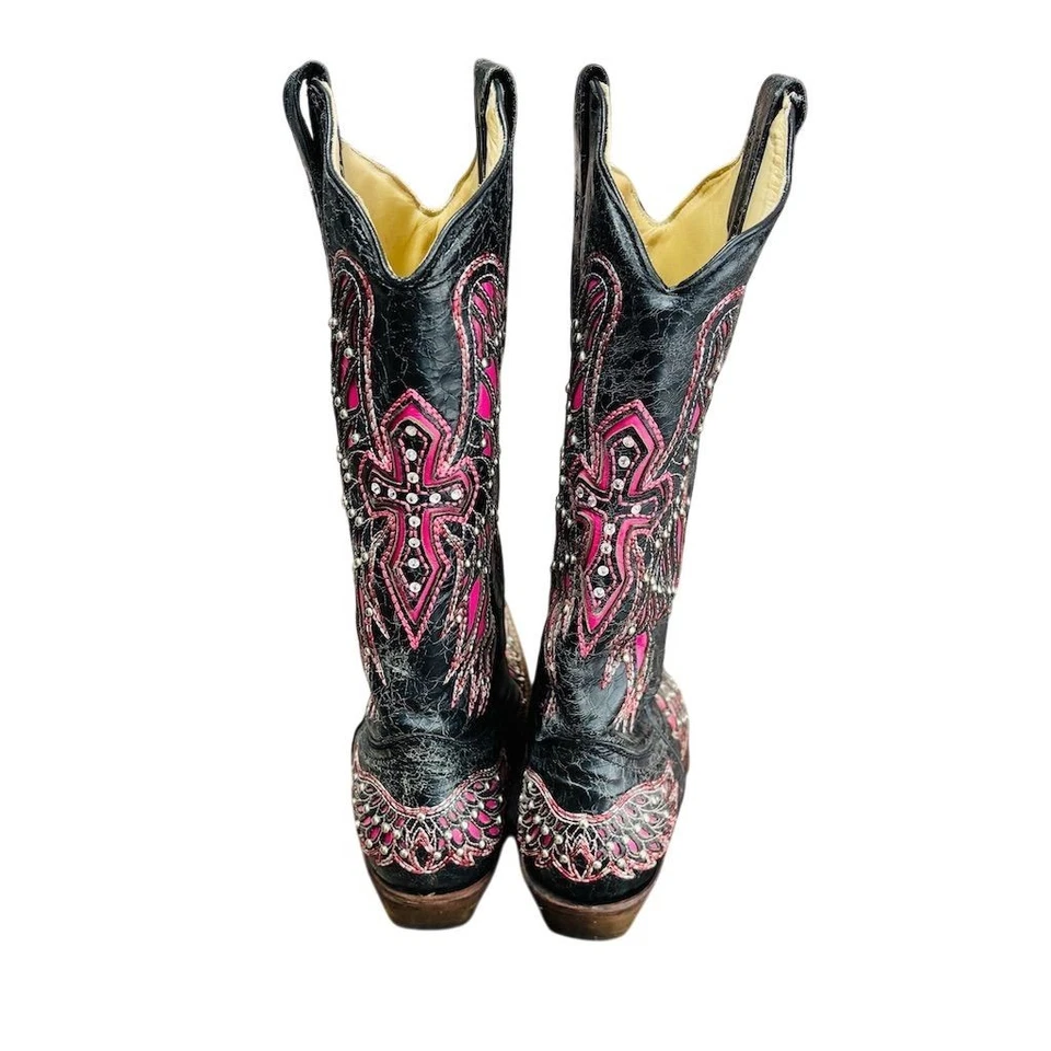 Corral Women's Black Leather Cowboy Boots Size 7 Pink Wing Cross Studs - Image 3 of 4