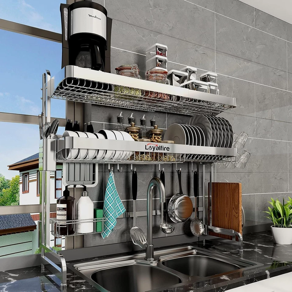 Adjustable Over Sink Dish Drainer with Cutlery Holder - Elegant Kitchen Solution — 第 3/4 张图片