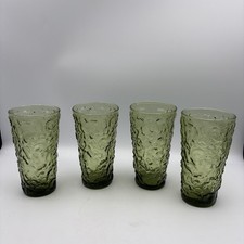 Vtg Anchor Hocking Milano Lido Crinkle Avocado Green Glass 10oz Set 4 Tumblers