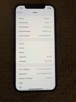 Apple iPhone 12 Black 64GB Factory Unlocked MGEF3LL/A Wi-Fi Bluetooth Dual SIM