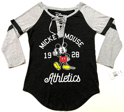 Disney Mickey Mouse T-Shirt XS Jrs Black Gray White Baseball Sleeve Lace-Up NWT