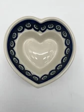 Boleslawiec Polish Pottery 6" Heart Shaped Bowl Made in Poland Peacock Pattern