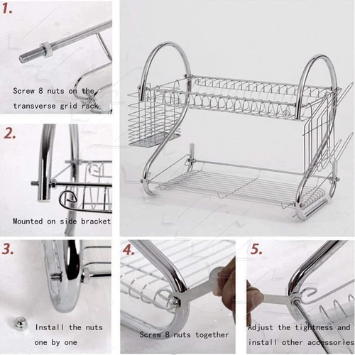 2 tier Dish Drying Rack Drainer Cup Plate Holder Cutlery Tray Kitchen Organizer - Picture 10 of 13