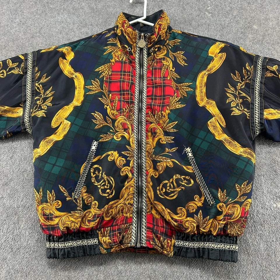 Chaqueta de plumón Gallery vintage para hombre L negra acolchada estampado real AOP ecuestre años 90 Foto 3 de 4