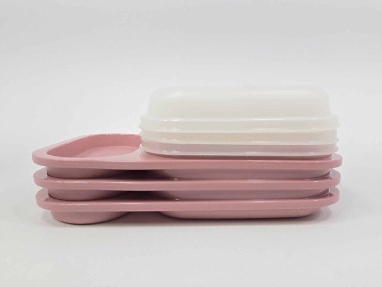 Tupperware Meal Mates 1837 Dusty Rose Pink Divided Trays with Lids Set of 3 New