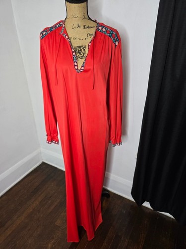 Vintage 70s Red Flowy Kaftan Maxi Dress Bohemian - Picture 10 of 21
