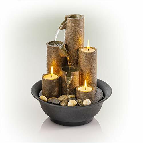 Tiered Column Tabletop Fountain with 3 Candles, Mini Waterfall 11" Tall, Brown - Picture 1 of 11