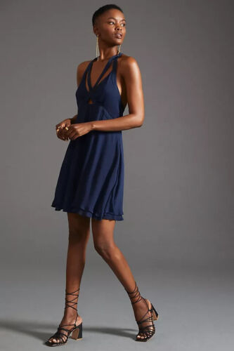 Anthropologie V-neck Strappy Mini Dress NAVY Layered Open Back V Neck Sz 14 NEW - Picture 22 of 23
