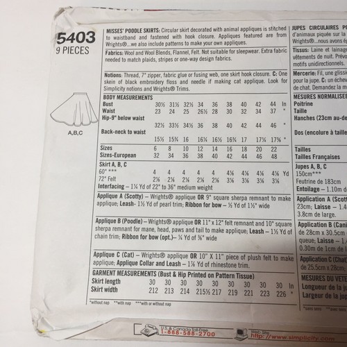 Faldas de caniche Simplicity 5403 talla 14-22 Misses' - Imagen 3 de 3