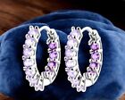 Sterling Silver Purple Huggy Hoop Earrings – Elegant Round Cut Huggie Hoops