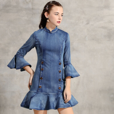 Elegant Lady Ruffles Denim Short Dress Puff Sleeve Retro Fashion High Waist  Slim | eBay