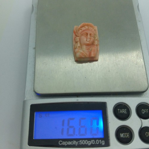 Cameo de colección cara de dama, coral rosa natural, colgante, tallado a mano - Imagen 6 de 9