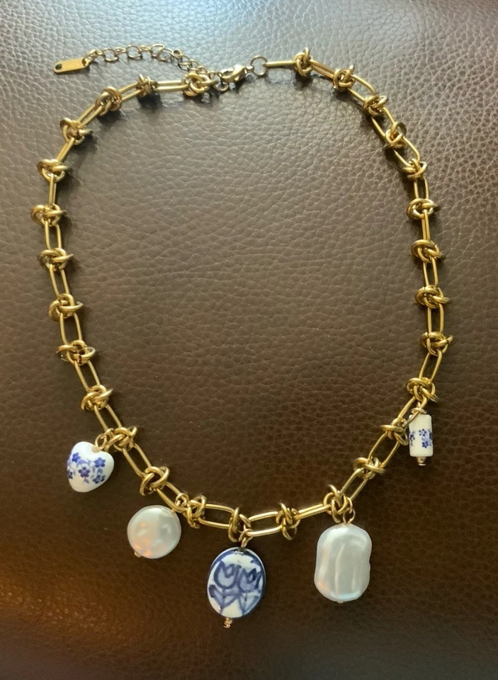 Collar Anthropologie Corazón Tulipán Flor Perla Cadena Boho Dije Oro Porcelana Foto 4 de 4