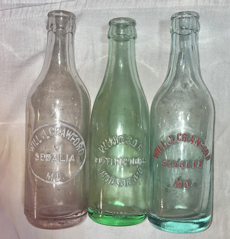 3 Antique Soda Bottles—GREEN Windsor Mo. Bottling Work—2 Will J Crawford-Sedalia