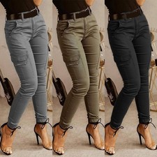 Solid Color Women's Cargo Pants with Button Waist and Tapered Ankle Cuff